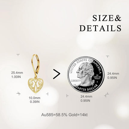 Gold 14K Flower Filigree Heart Dangle Drop Leverback Earrings for Women - Christmas Gift Ideas
