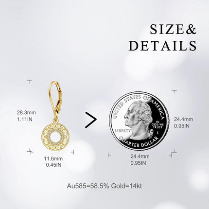 14k Gold Round Hollow Out Flower Shape Crystal Leverback Earrings for Women Girls