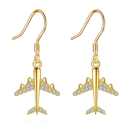 14K Gold Airplane Dangle Earrings with Cubic Zirconia for Women