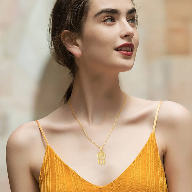 14K Gold Tree of Life Dreamcatcher Feather Pendant Necklace for Women