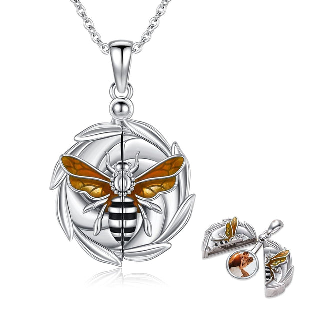 925 Sterling Silver Honeybee Photo Locket Pendant Necklace with Chain for Women