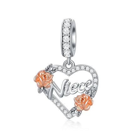 925 Sterling Silver Rose Flower Heart Dangle Charm for Bracelet - Aunt & Niece
