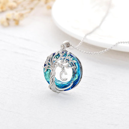 925 Sterling Silver Blue Crystal Tree of Life Initial Necklace Family Letter Pendant Birthday Mother s Day Gifts for Her