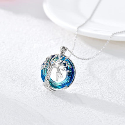 925 Sterling Silver Blue Crystal Tree of Life Initial Necklace Family Letter Pendant Birthday Mother s Day Gifts for Her