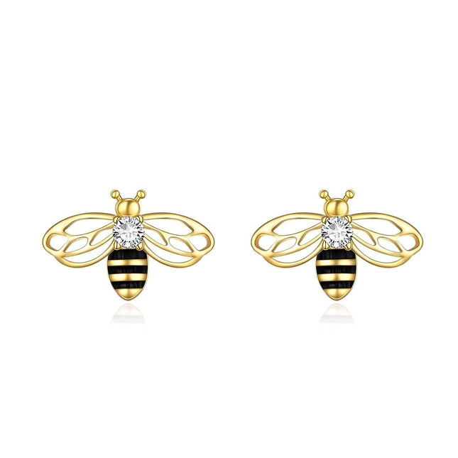 925 Sterling Silver Honeybee Stud Earrings with Black Enamel and Cubic Zirconia for Women