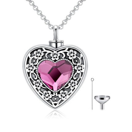 925 Sterling Silver Purple Amethyst Heart Cremation Urn Pendant Necklace with Funnel and Fill Tool - Memorial Keepsake Jewelry