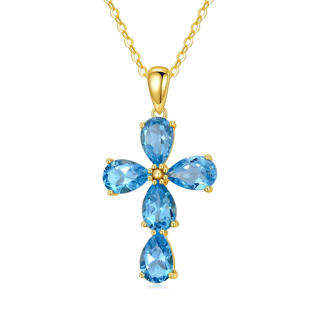 14K Gold Natural Blue Topaz Flower Pendant Necklace for Women 18 Chain Christian Gifts