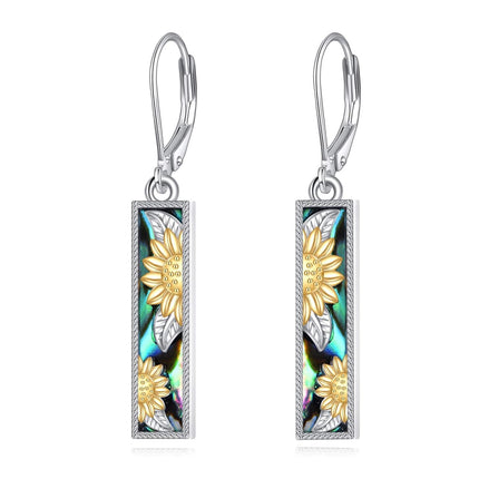 925 Sterling Silver Sunflower & Abalone Shell Leverback Earrings - Mustard Seed Inspired Design