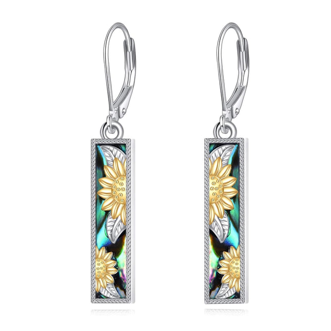 925 Sterling Silver Sunflower & Abalone Shell Leverback Earrings - Mustard Seed Inspired Design