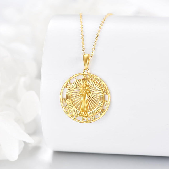 14K Gold Saint Anthony Religious Protection Pendant Necklace for Men & Women