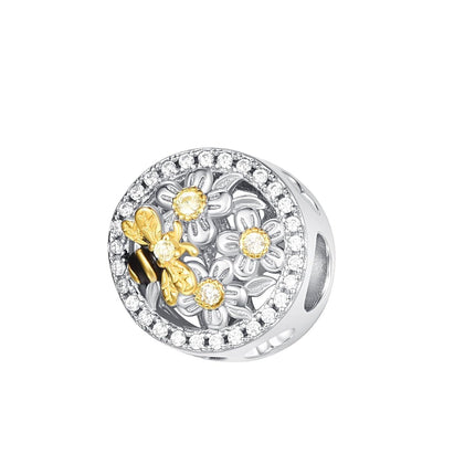 925 Sterling Silver CZ Flower & Honeybee Charm Bead for Bracelet Jewelry Making Supplies 3D Design Crafting DIY Craft Kit Accessories Gift Idea Women Girls Teens Kids