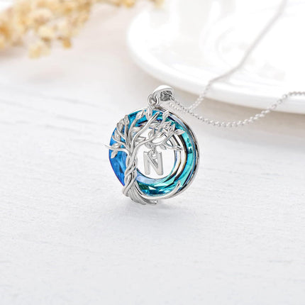 925 Sterling Silver Blue Crystal Tree of Life Initial Necklace Family Letter Pendant Birthday Mother s Day Gifts for Her