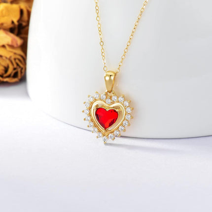 14K Gold Red Crystal Heart Pendant Necklace for Women - Valentine's Day s