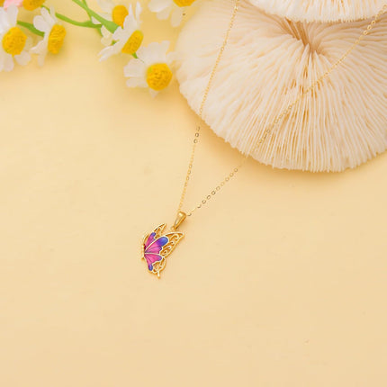 14K Gold Purple & Pink Enamel Butterfly Pendant Necklace for Women
