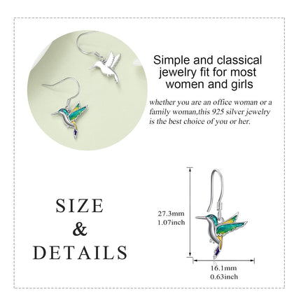 925 Sterling Silver Hummingbird Dangle Drop Earrings with Enamel Stones for Women Girls Mom Daughter Gifts