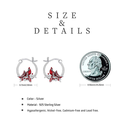 925 Sterling Silver Cardinal Bird Red Enamel Branches Huggie Hoop Earrings