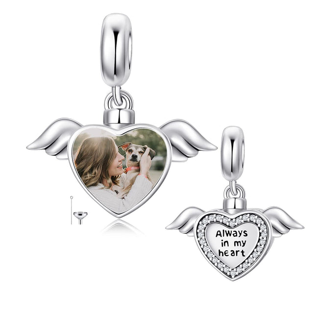 925 Sterling Silver Heart Photo Charm with Wings Cremation Keepsake Urn for Ashes Bracelet Necklace Gift for Women