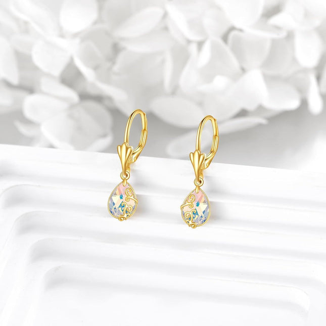 14K Gold Sun & Moon Filigree Teardrop Dangle Leverback Earrings
