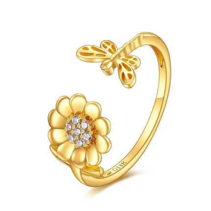 14K Gold Adjustable Bee and Daisy Flower Open Ring  for Women Her