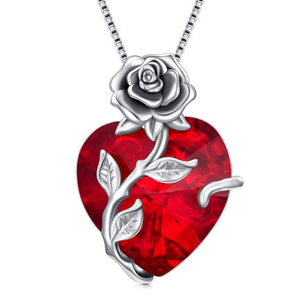 925 Sterling Silver Crystal Rose Flower Heart Pendant Necklace