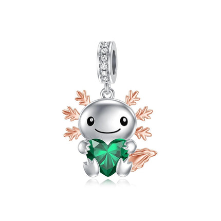 925 Sterling Silver Axolotl Charm with Pink Birthstone Heart Pendant for Bracelets Jewelry Making Gifts for Women
