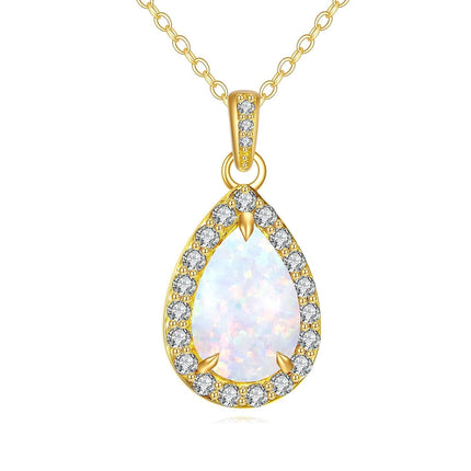 14K Gold White Opal Teardrop Pendant Necklace with Cubic Zirconia Accents for Women - Elegant s