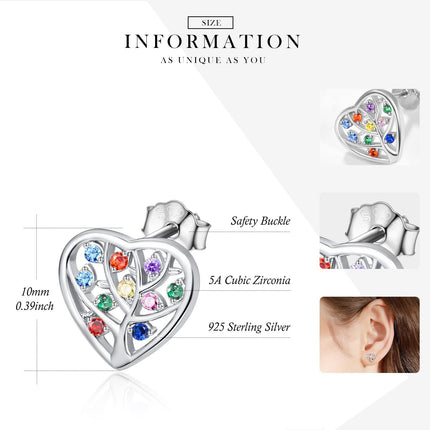 925 Sterling Silver Multicolor CZ Heart Tree of Life Stud Earrings for Women