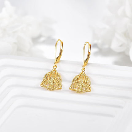 10K Golden Celtic Knot Drop Earrings for Women - Irish Style s