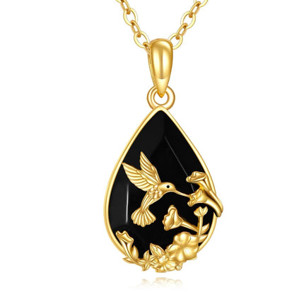 14K Gold Solid 14K Gold Black Onyx Hummingbird Flower Pendant Gothic Necklace