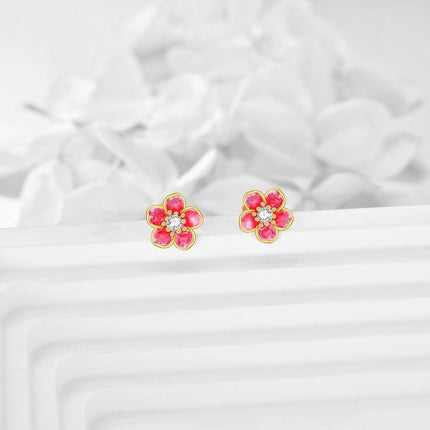 14K Gold 14K Gold Red Enamel Floral Stud Earrings with Crystal Accents - Gifts for Her