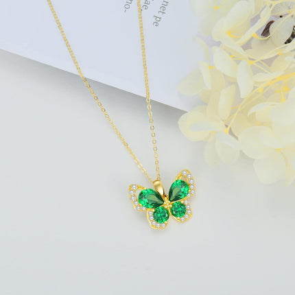 14K Gold Green Crystal Butterfly Pendant Necklace for Women - 28cm Chain Length