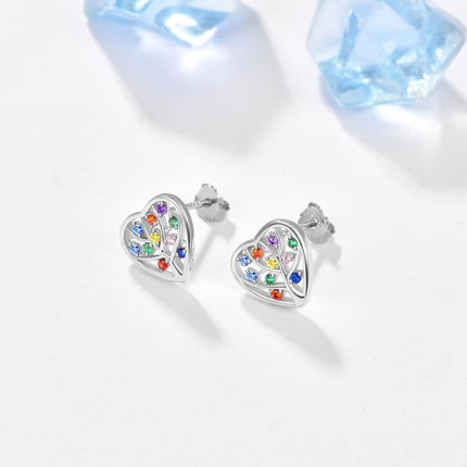 925 Sterling Silver Multicolor CZ Heart Tree of Life Stud Earrings for Women
