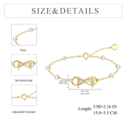 14K Real Gold Sisters Infinity Bracelet - Hypoallergenic Adjustable Jewelry Gift for Women, Friends, Partners - 5.9-8.06 Inch Length, 6.6mm Heart Pendant - Christmas, Anniversary, Birthday Present