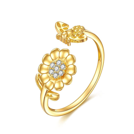 14K Gold Adjustable Bee and Daisy Flower Open Ring  for Women Her