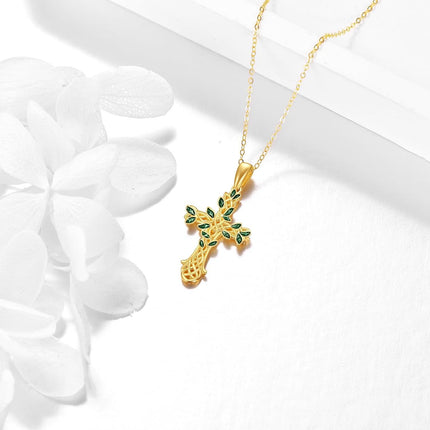 14K Gold Green Enamel Celtic Knot Tree Of Life Cross Pendant Necklace For Women