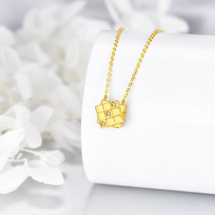 10K Gold Square Puzzle Design Cubic Zirconia Pendant Necklaces Minimalist Fine s for Women and Teenage Girl