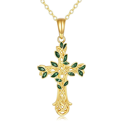 14K Gold Green Enamel Celtic Knot Tree Of Life Cross Pendant Necklace For Women