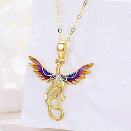 14K Gold Enamel Phoenix Pendant Necklace with Stones - Unique Nirvana Bird s for Her
