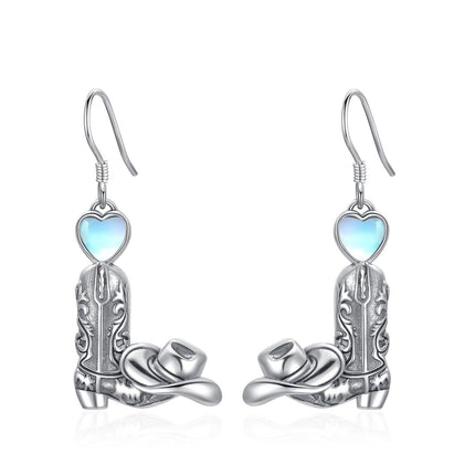 925 Sterling Silver Cowboy Boot & Hat Dangle Earrings with Heart Charm