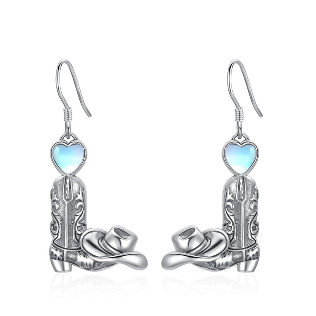 925 Sterling Silver Cowboy Boot & Hat Dangle Earrings with Heart Charm