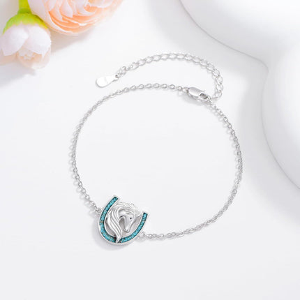 925 Sterling Silver Horse Head & Turquoise Inlay Horseshoe Charm Bracelet for Women