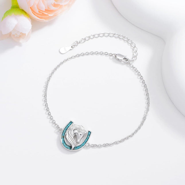 925 Sterling Silver Horse Head & Turquoise Inlay Horseshoe Charm Bracelet for Women