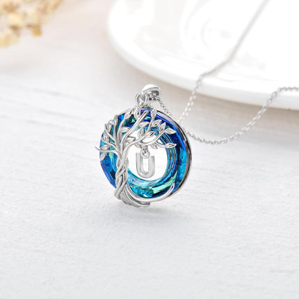 925 Sterling Silver Blue Crystal Tree of Life Initial Necklace Family Letter Pendant Birthday Mother s Day Gifts for Her