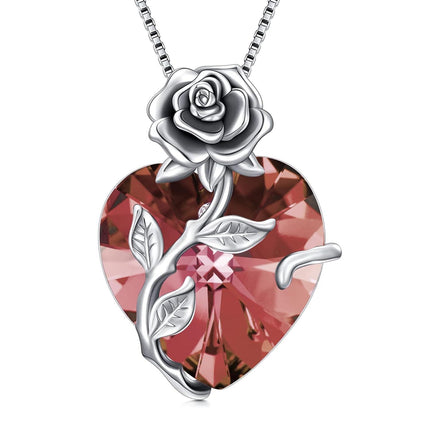 925 Sterling Silver Crystal Rose Flower Heart Pendant Necklace
