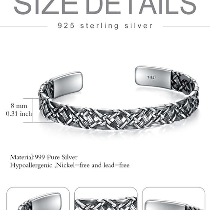 925 Sterling Silver Braided Celtic Knot Adjustable Bangle Bracelet Gift for Men & Women