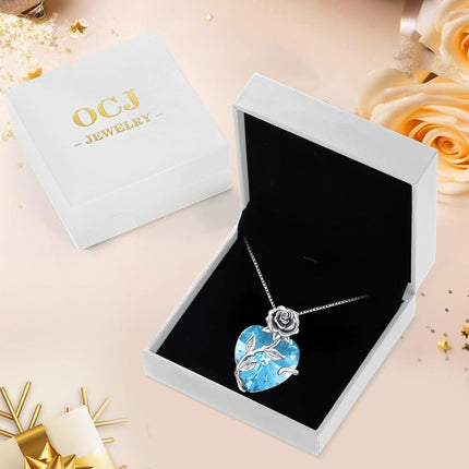 925 Sterling Silver Crystal Rose Flower Heart Pendant Necklace