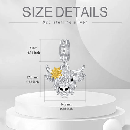 925 Sterling Silver Highland Cow Pendant Charm with Flower Accents for Bracelet Necklace Crafting Supplies Jewelry Making DIY Gifts 38x46mm