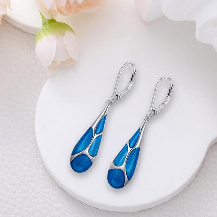 925 Sterling Silver Blue Enamel Tear Drop Leverback Earrings for Women Gift Ideas