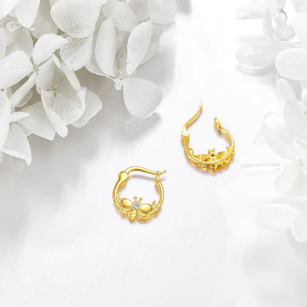 10K Gold Bee Design Hoop Earrings with Cubic Zirconia - Fashionable Gift for Her