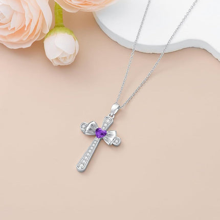 925 Sterling Silver Amethyst Cross Bow Birthstone Necklace for Women, Adjustable Chain, February Gift, Hypoallergenic Jewelry